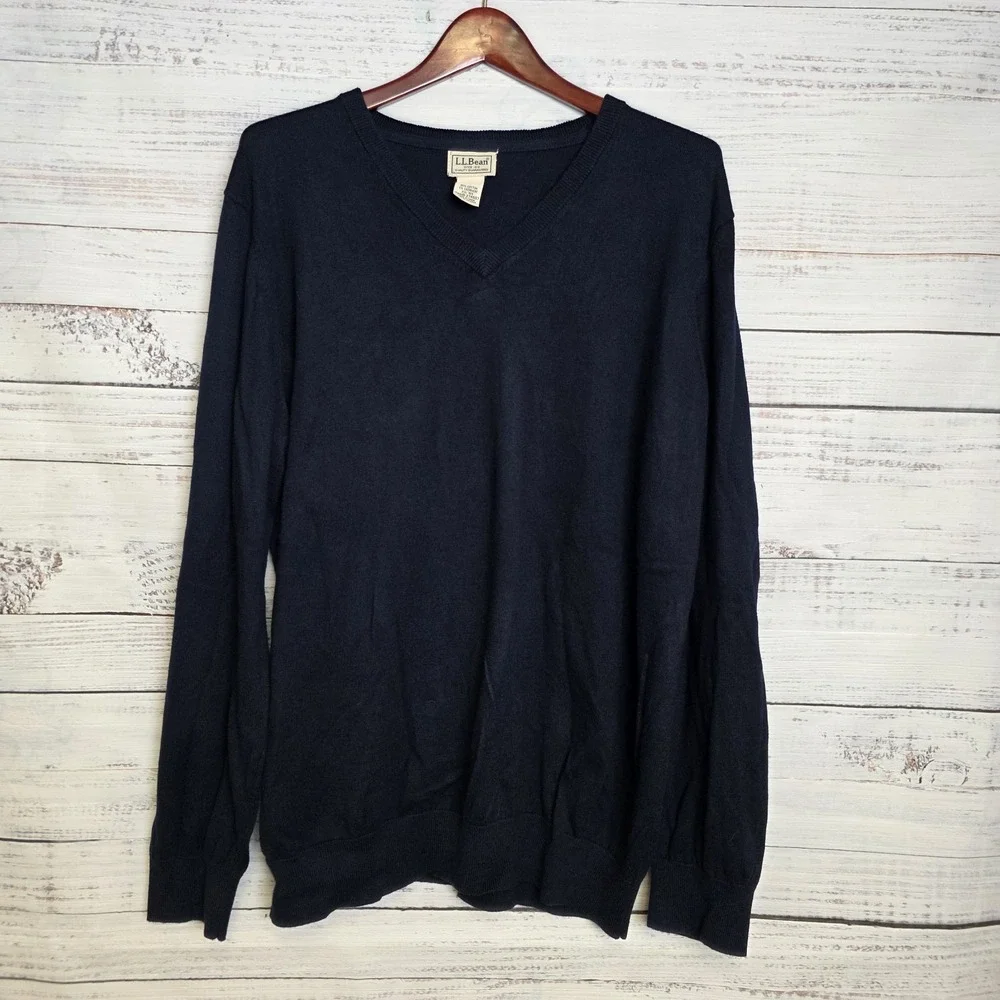 LL Bean Mens Wicked Soft‎ Sweater V Neck Cotton Cashmere Blend XXL Navy Blue